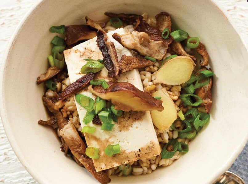 Mushroom-Poached Tofu Over Rice